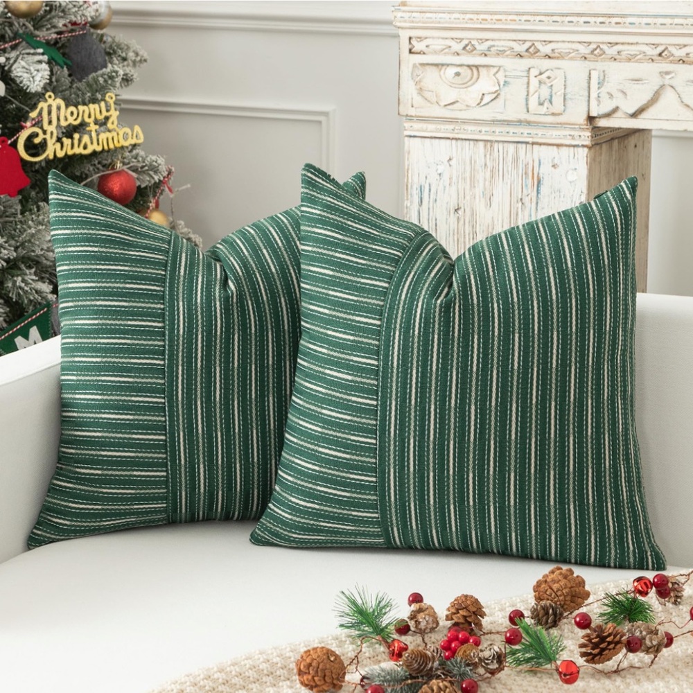 Farmhouse Stripe SQUARE Throw Pillow Covers 20x20” Green Beige (2 Pack)